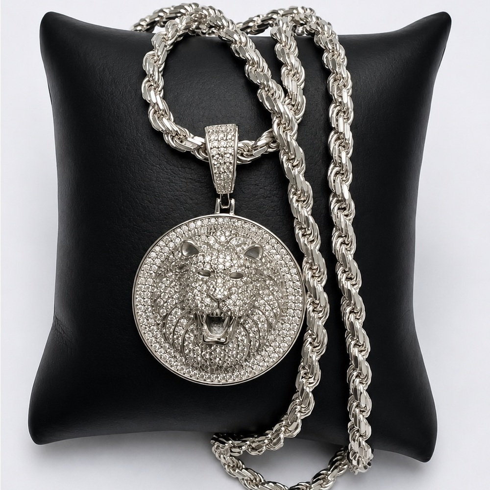 925 Sterling Silver 2.30CT MOISSANITE Lion Pendant Rope Chain Men’s Necklace
